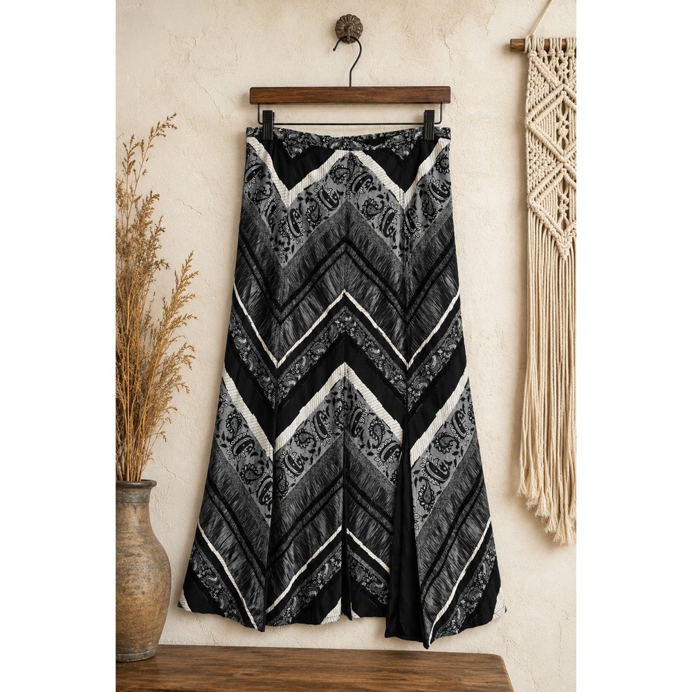 Boho Chevron Paisley Patchwork Maxi Skirt Black Gray A-Line Long Skirt‎ L